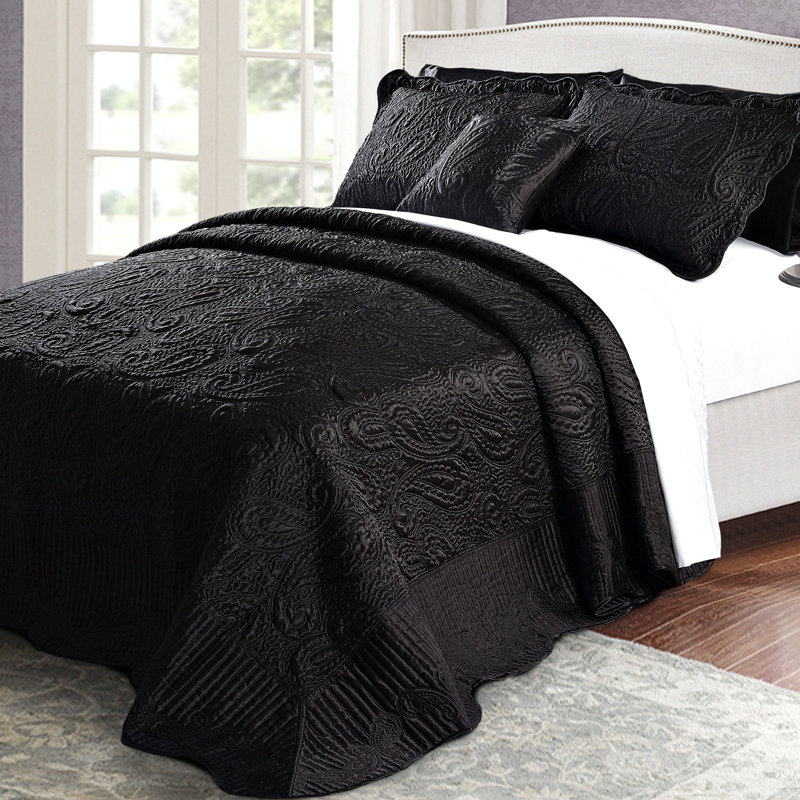 4 Piece Quilted Satin Bedspread Set, Burgundy, Queen Quilt + 2 Queen Shams + Throw Pillow