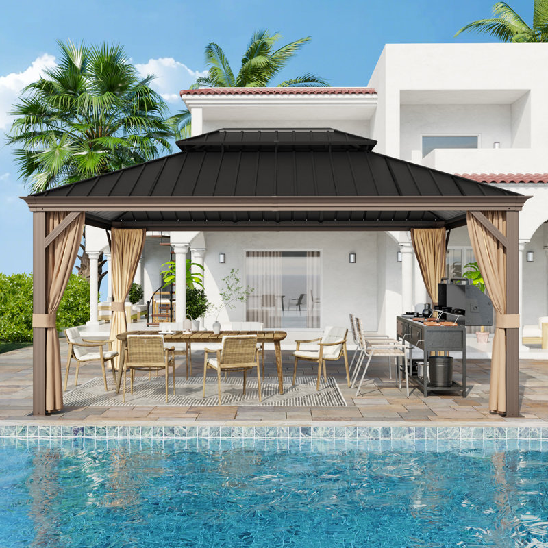 15.8 FT.W × 11.9 FT.D Outdoor 2-Tier Steel Hard Top Patio Gazebo with Total Mesh Protection, 120" H x 189.6" W x 142.8" D