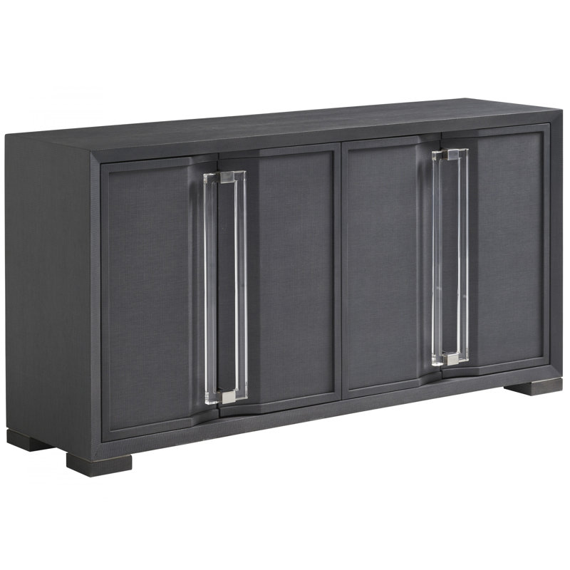 Gray Linen-Wrapped Media Console with Acrylic Hardware