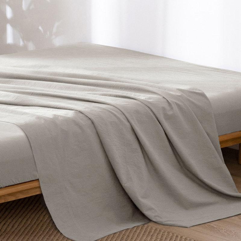 MooMee Flat Sheet 100% Washed Cotton Linen Like Textured Breathable Lightweight, Natural, Queen Flat Sheet