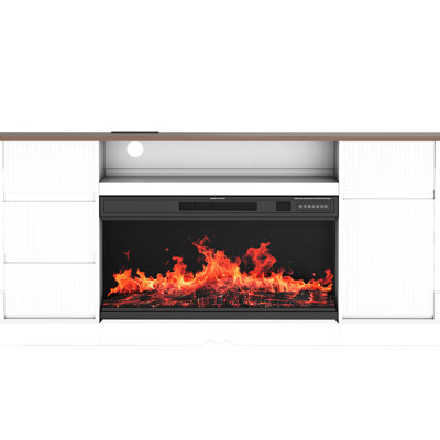 Meuble télé moderne en verre à 3 côtés avec foyer électrique pour téléviseur de 80 po ou moins, lumières DEL pour centre de divertissement, armoire de rangement et tiroirs, blanc, 7 couleurs de flammes réalistes, gradateur à 5 niveaux, 12 braises