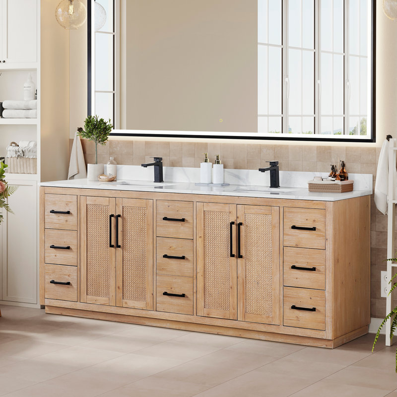 Deach 84" Double Bathroom Vanity with Calacatta White Quartz Countertop without Mirror