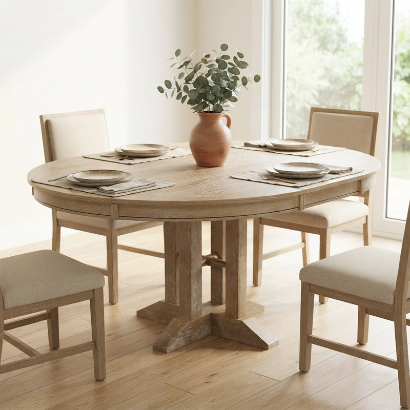 Extendable Farmhouse Round Dining Table - Retro Style With Durable Wooden Frame, Seats 6, Natural Wood