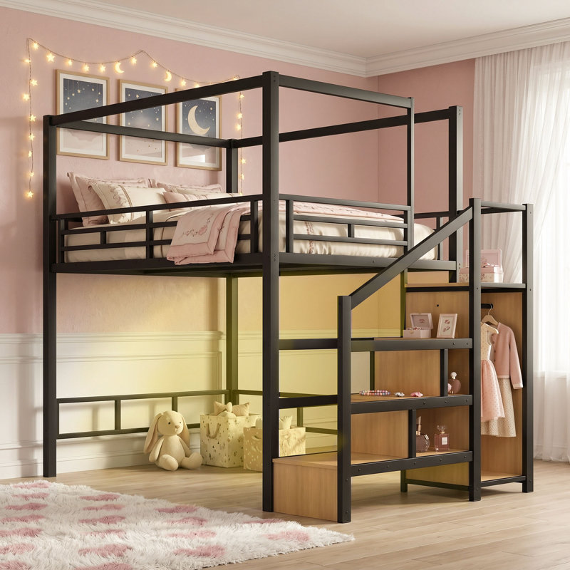 Lit mezzanine en métal avec escalier de rangement et garde-robe, Full