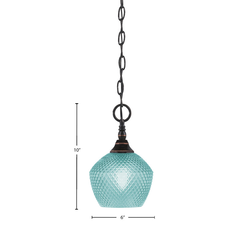 Mini-luminaire suspendu en chaîne avec verre texturé turquoise de 6 po, Cuivre / noir