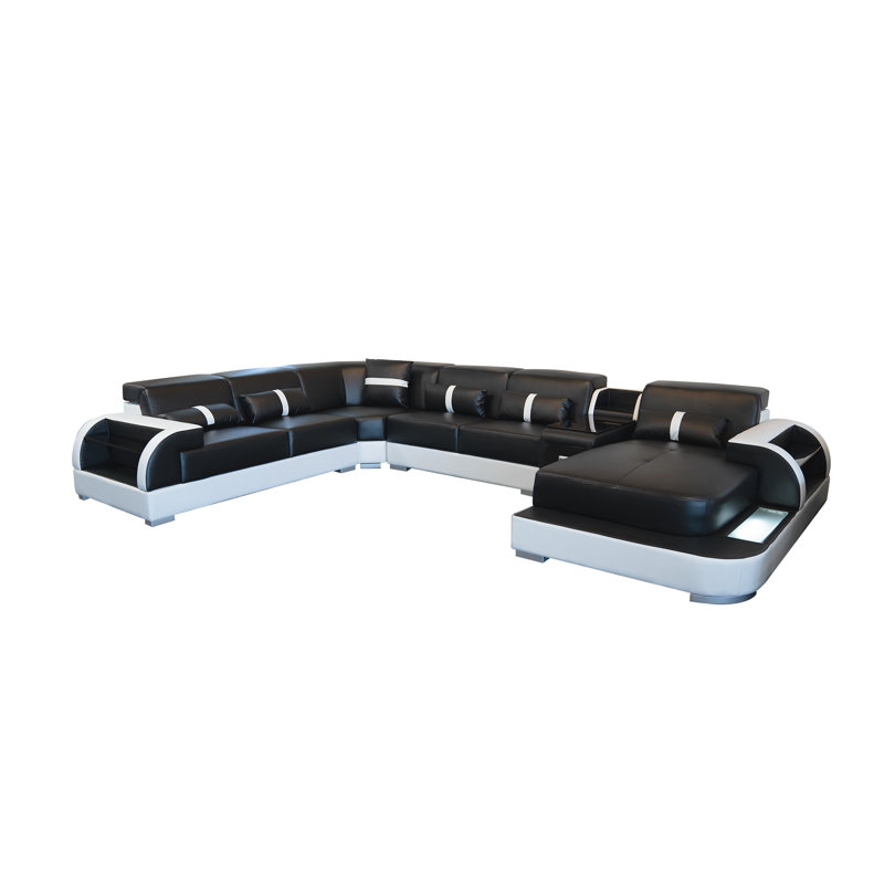 Lotario Upholstered U-Shaped Sectional Right Hand Facing, Right Hand Facing, Black/White Genuine Leather