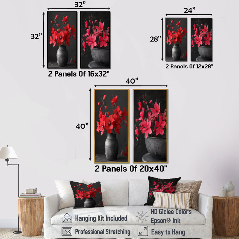 Ensemble de 2 pièces d'art mural rouge et gris fuchsia I - Fuschia, H 40 po x l 40 po, Impression encadrée