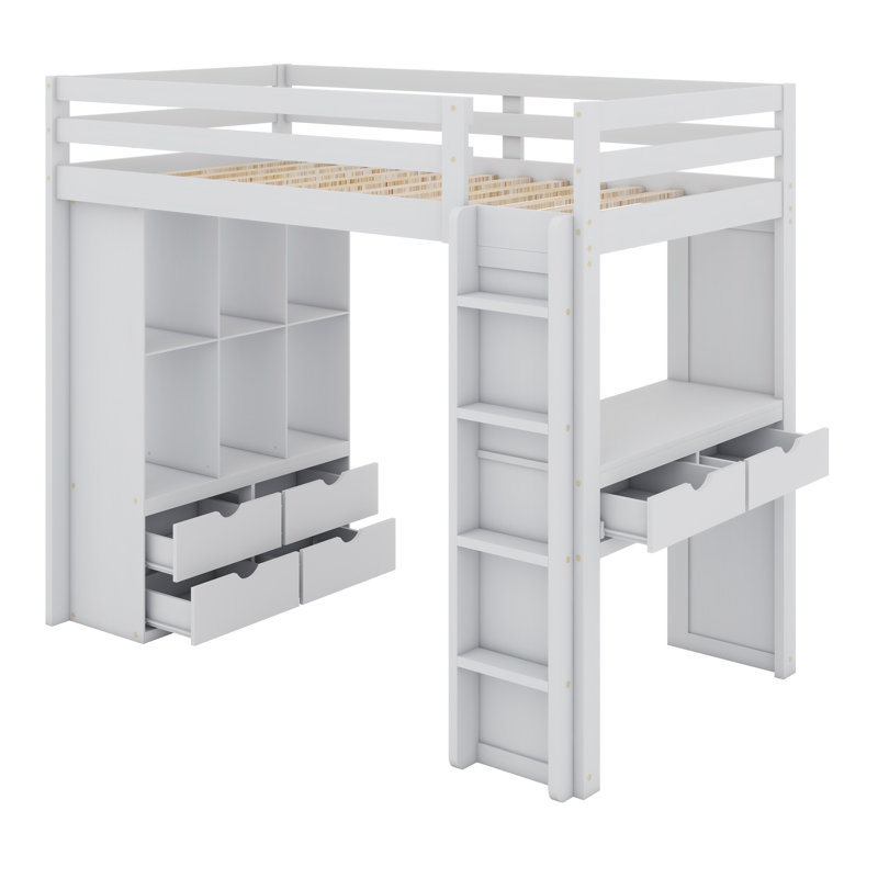 Jaylo Kids Loft Bed with Drawers, Twin, White