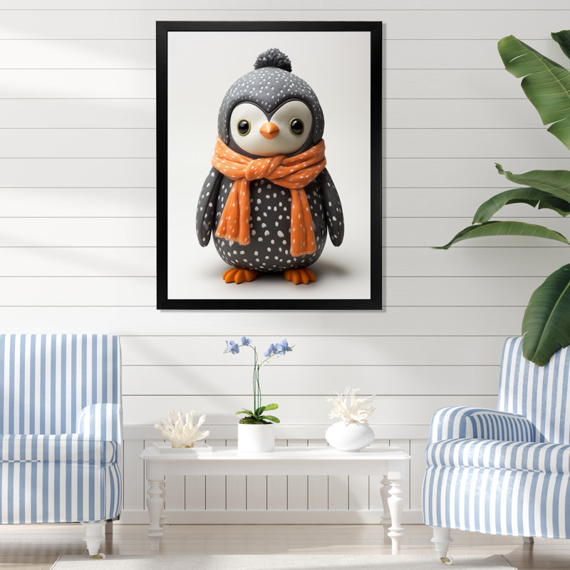 Jouet pingouin ludique sur toile, Cadre photo noir simple, H 44 po x l 34 po x P 1,5 po