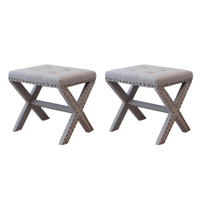 Tabouret d'appoint avec revêtement en lin touffeté, siège en bois à base en X, garniture cloutée, compact et portable, capacité de 300 lb
