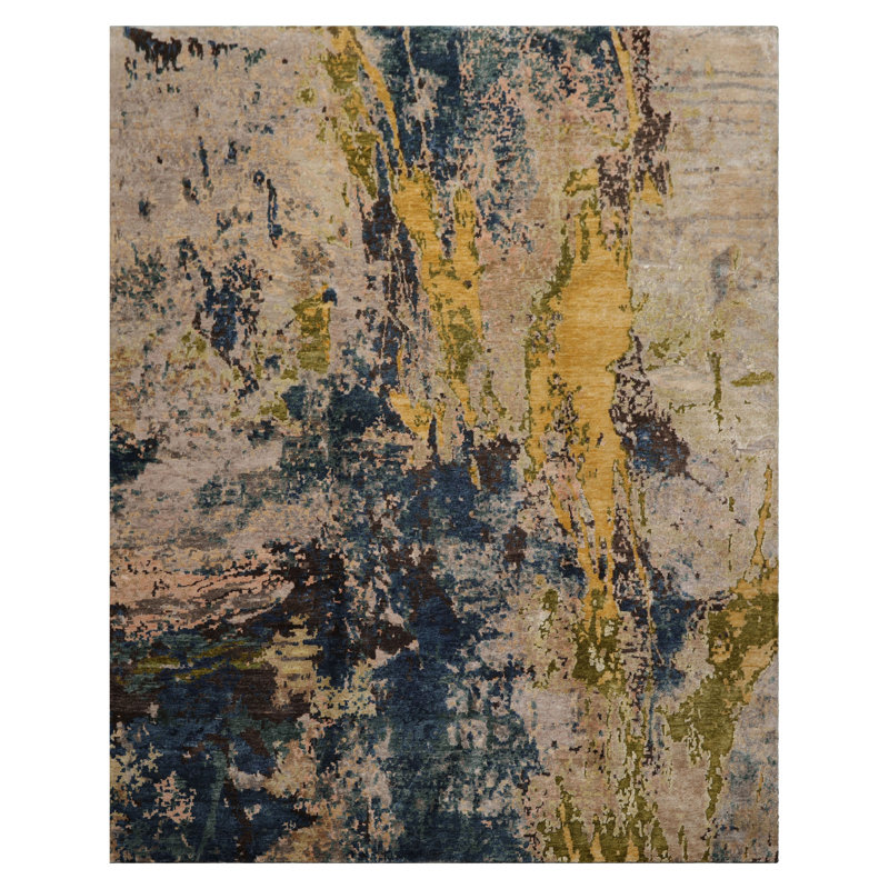 8x10 Beige, Blue Hand Knotted Tibetan Sherpa Modern Abstract Area Rug