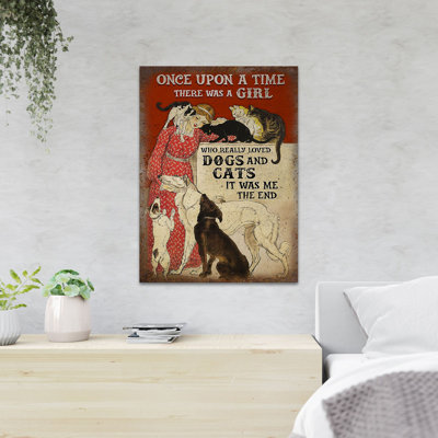 «Girl With Cats and Dogs - Il y avait une fille qui aimait vraiment les chiens et les chats», reproduction d'art graphique sur toile tendue