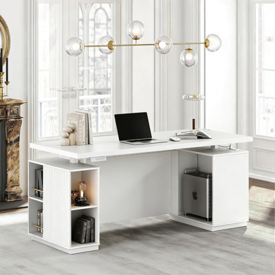 70" L-Shaped Electric Standing Desk With File Cabinet & Drawers, Height Adjustable Computer Corner Desk With AC/USB Ports & Privacy Panel For Home Office, White