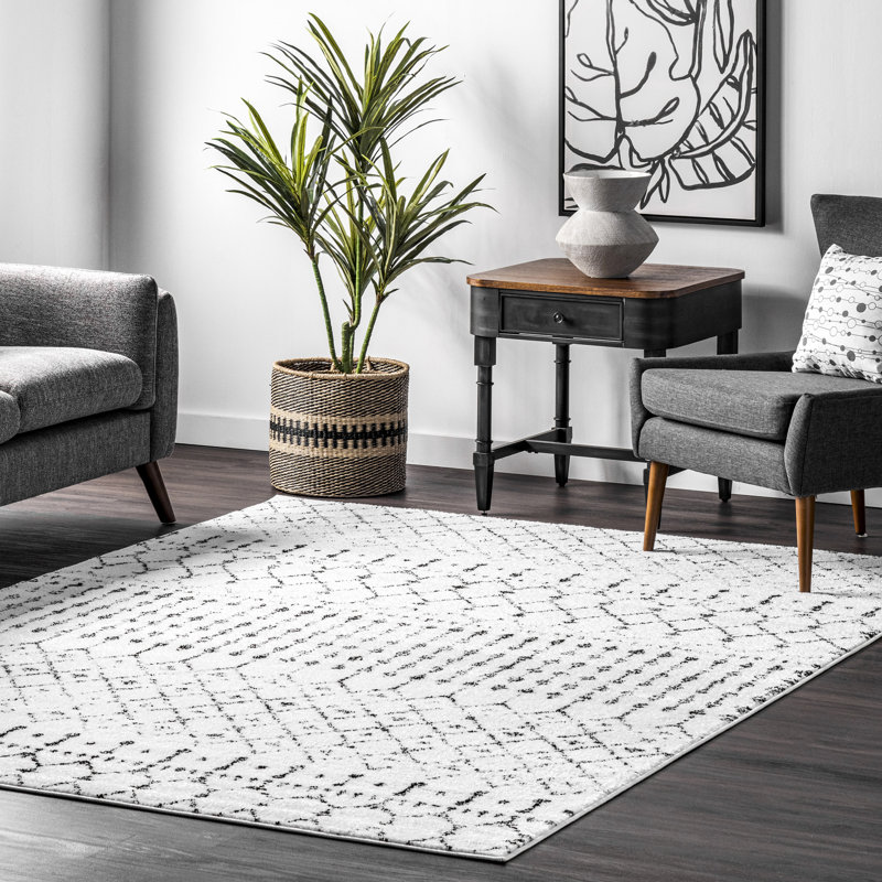 Tapis marocain Freetown pour le salon, la chambre et la cuisine, blanc et noir / noir, Rectangle 3 pi x 5 pi