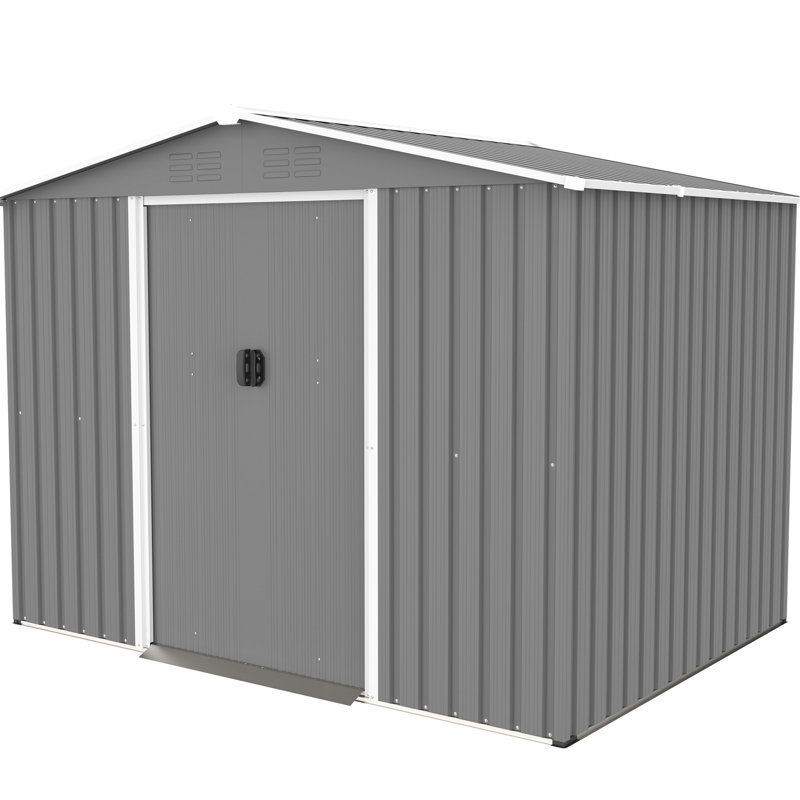 8X6 Ft Metal Outdoor Shed With Lockable Doors & Foundation - All Weather For Garden, Patio, Backyard, Lawn, Gray Galvanized Steel Storage Easy Assembly