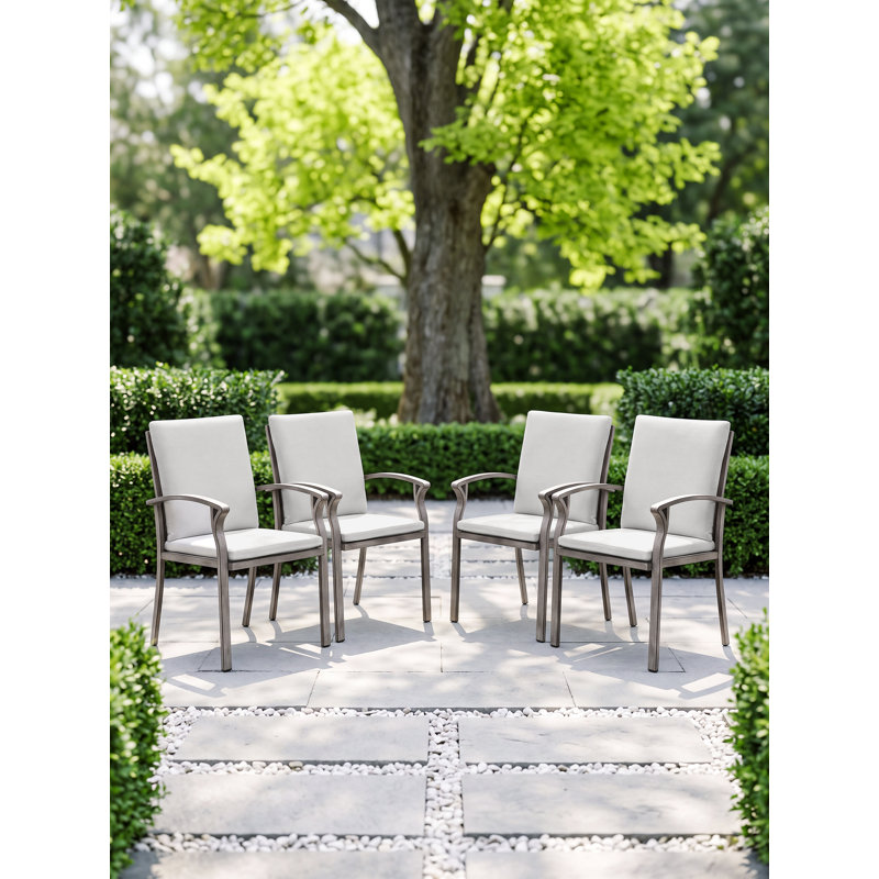 Ensemble de 4 chaises de jardin en aluminium avec coussins épais, idéal pour une table de patio, terrasse, jardin, piscine, fini chêne blanchi.