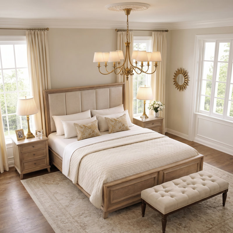 Upholstered Bed Frame with Channel Headboard and Solid Wood Base, King
