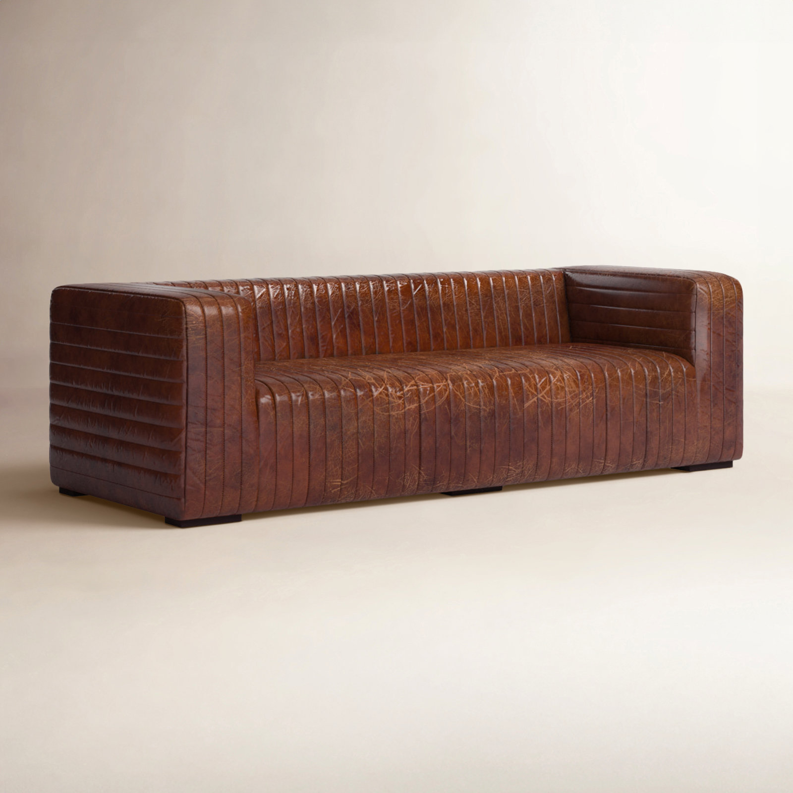 Jeanette 95" Genuine Leather Square Arm Chesterfield Sofa, Brown Genuine Leather