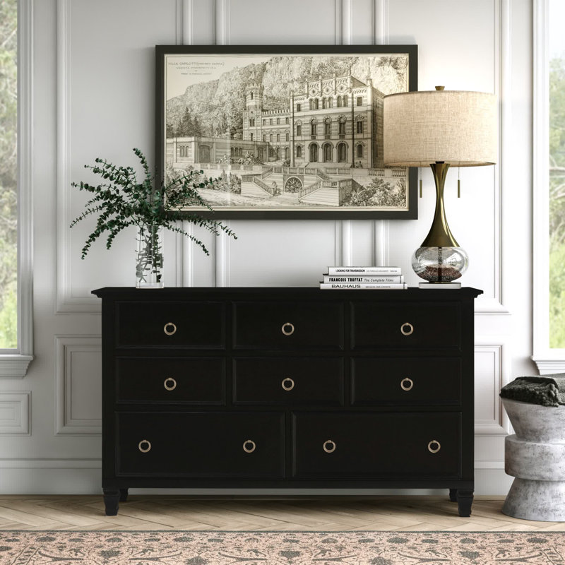 Commode 8 tiroirs en bois massif avec miroir Arnedo, noir