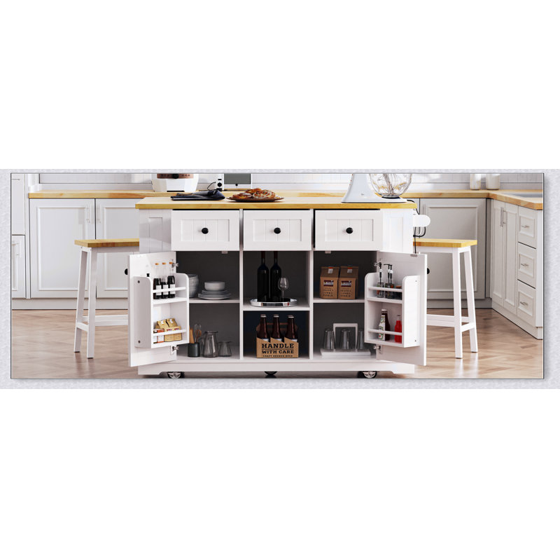 53-Inch Large Kitchen Island with Drop Leaf, Power Outlet, and Ample Storage, Perfect for Efficient Kitchen Organization and Mobility