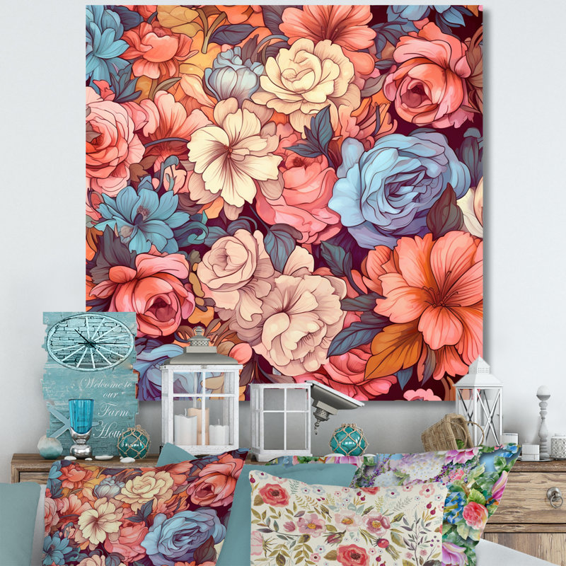 «Blossoming Retro Pink and White Roses» sur impression sur toile, 30" H x 30" W, Toile tendue