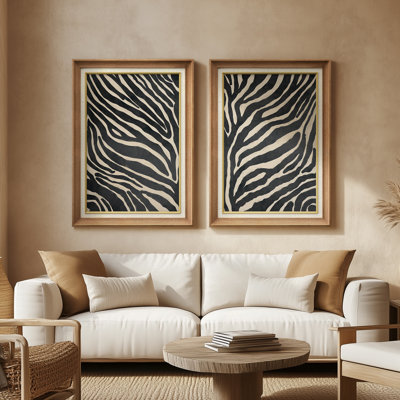 Motif zébré audacieux monochrome - ensemble de 2 reproductions d'art mural encadrées de qualité supérieure sur papier 26 po x 36 po