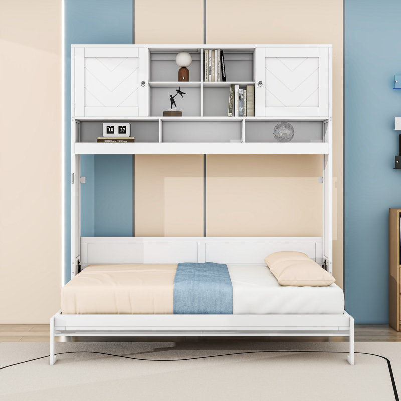 Queen Wall Murphy Bed with Storage Shelves, Hydraulic Lift System
