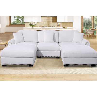 Upholstered 5 Seat U Shaped Sleeper Cloud Couch & Reversible Ottomans