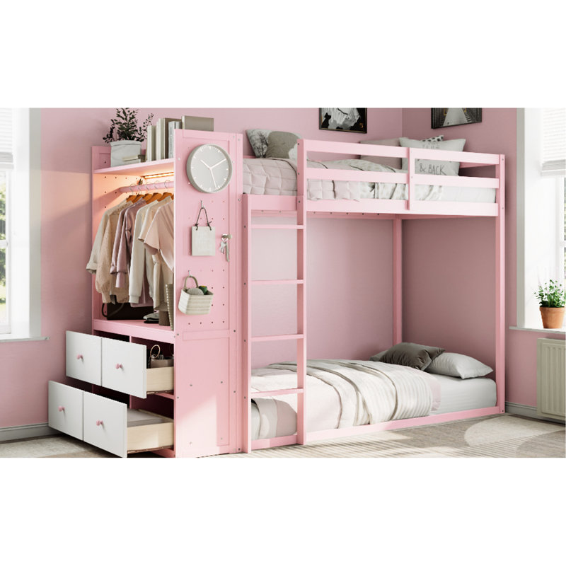 Lit superposé simple avec garde-robe intégrée, éclairage intelligent, rangement à 4 tiroirs et trois choix de couleurs pour la chambre à coucher, tablettes intégrées roses, rangement double, maisons de vacances convenables