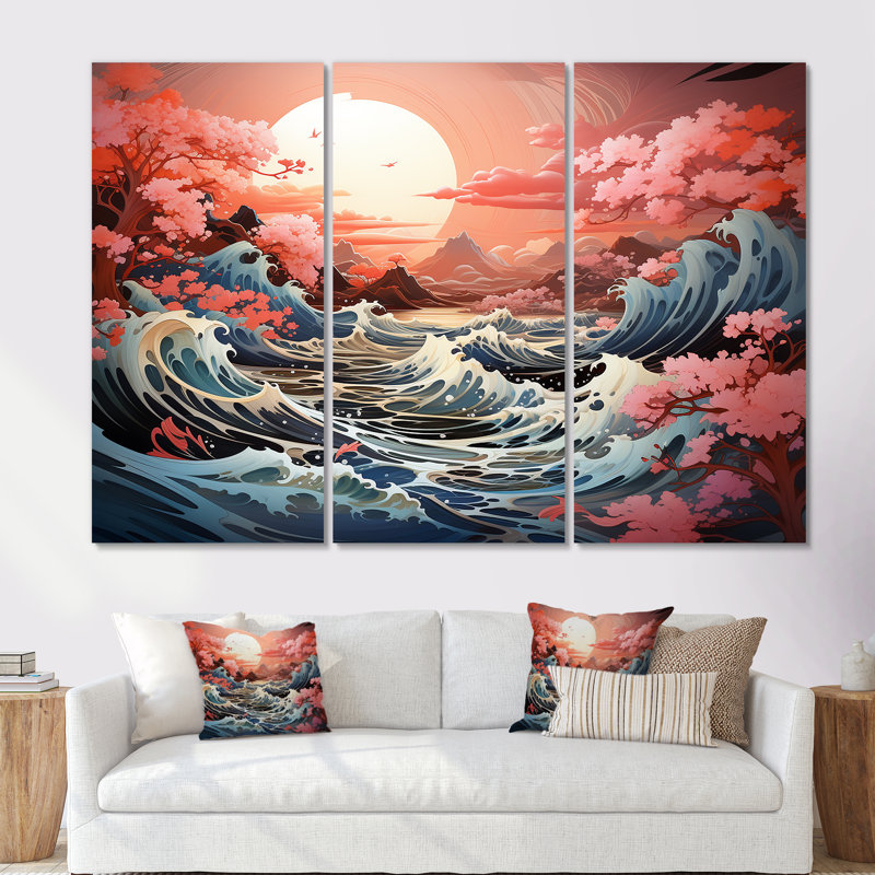 Paysage de tempête océan japonais II - ensemble de décorations murales tempêtes, Toile tendue, H 32 po x l 48 po x P 1 po
