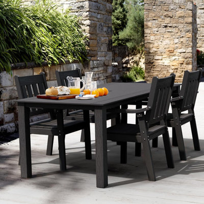 All Weather Rectangular HIPS Patio Dining Table Set for 4 with Arm Chairs 5 Piece Outdoor Furniture Set with Umbrella Hole Modern Plastic Outdoor Dining Sets
