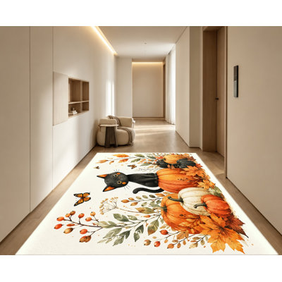 Tapis aquarelle chat noir citrouille feuilles d'automne, conception de thème d'Halloween, surface en velours, tapis antidérapant, décoration d'automne vibrante pour salon, chambre à coucher, cuisine, entrée