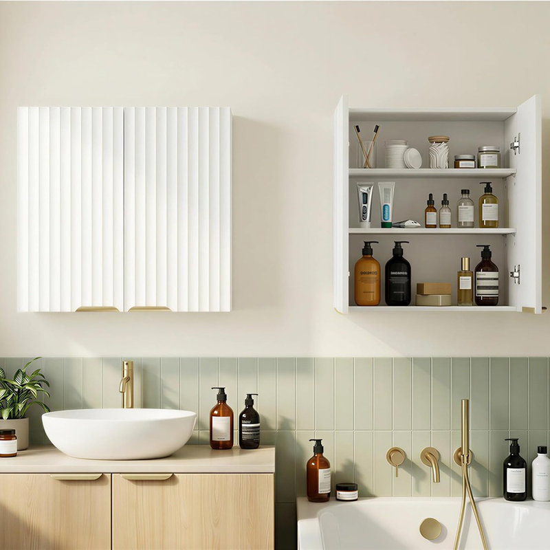 Armoire de salle de bain murale - Blanc - Armoire de rangement pour cuisine / salle de lavage, 2 portes, conception cannelée, fixation murale, salle de bain / cuisine / garage