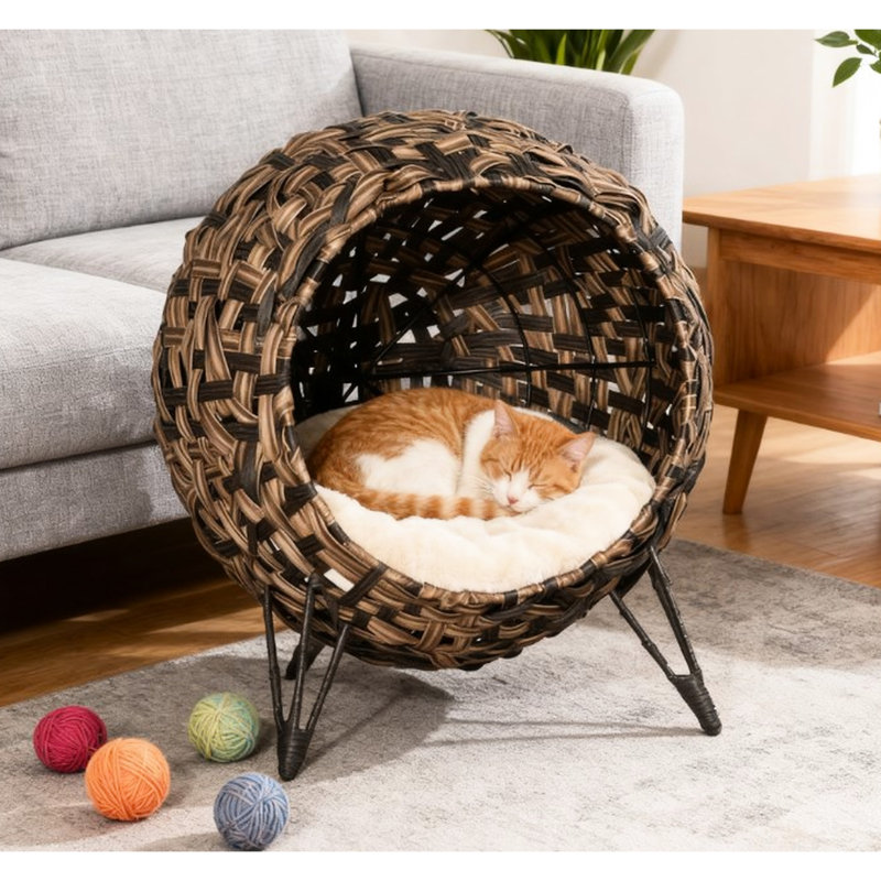 Woven Banana Leaf Kitten House With Soft Cushion, Elevated Cat Bed For Air Circulation, Brown And Metal Tripod Indoor Pets Hand-woven Comfort, Recommended Cats Under 11 Pounds, Color Support