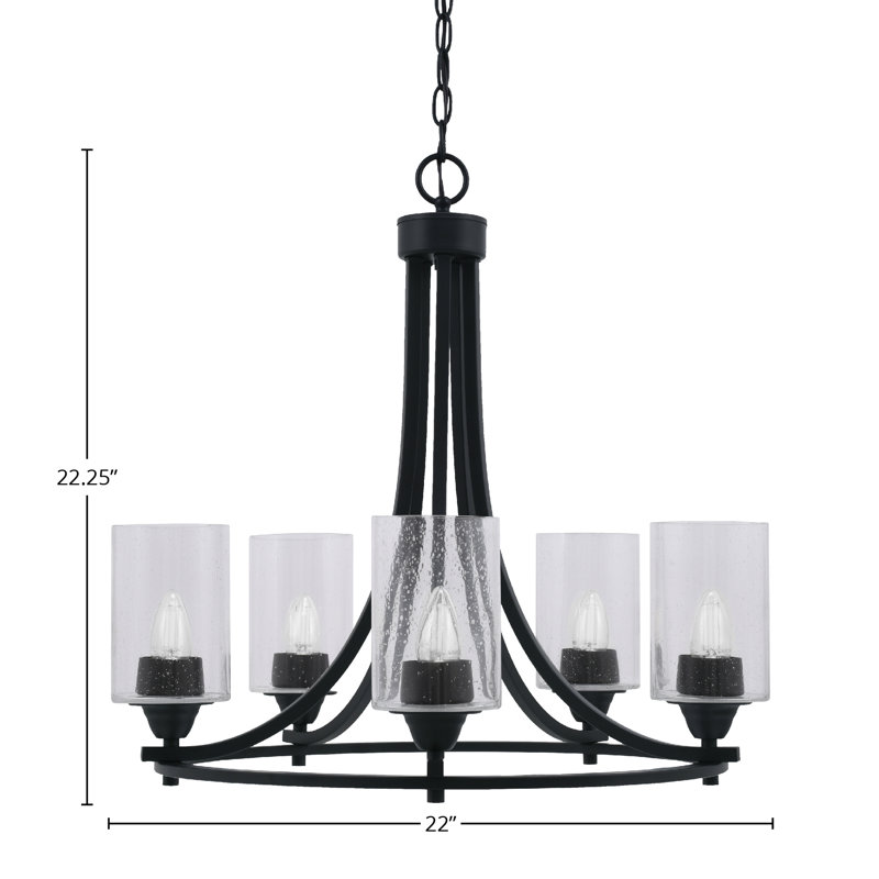 Lustre 5 lumières Paramount illustré en finition noir mat avec verre transparent de 4 po