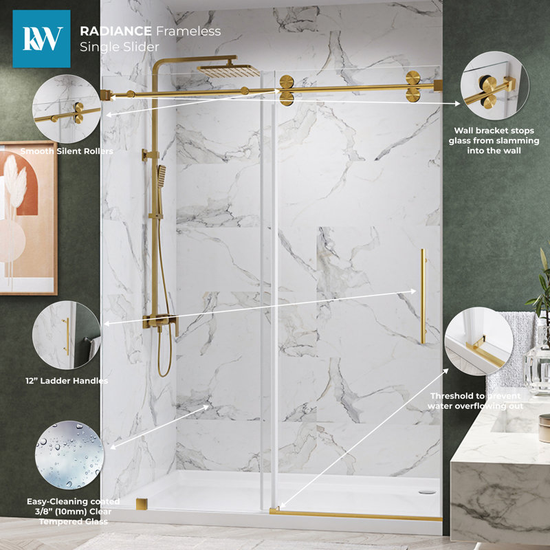KW04 62 - 66 In. W X 76 In. H Single Sliding Frameless Shower Door With 3/8 In. Clear Glass, Gold