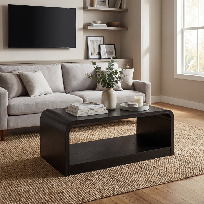 Table basse moderne en MDF de 47,24 pouces avec tablette de rangement ouverte, Noir