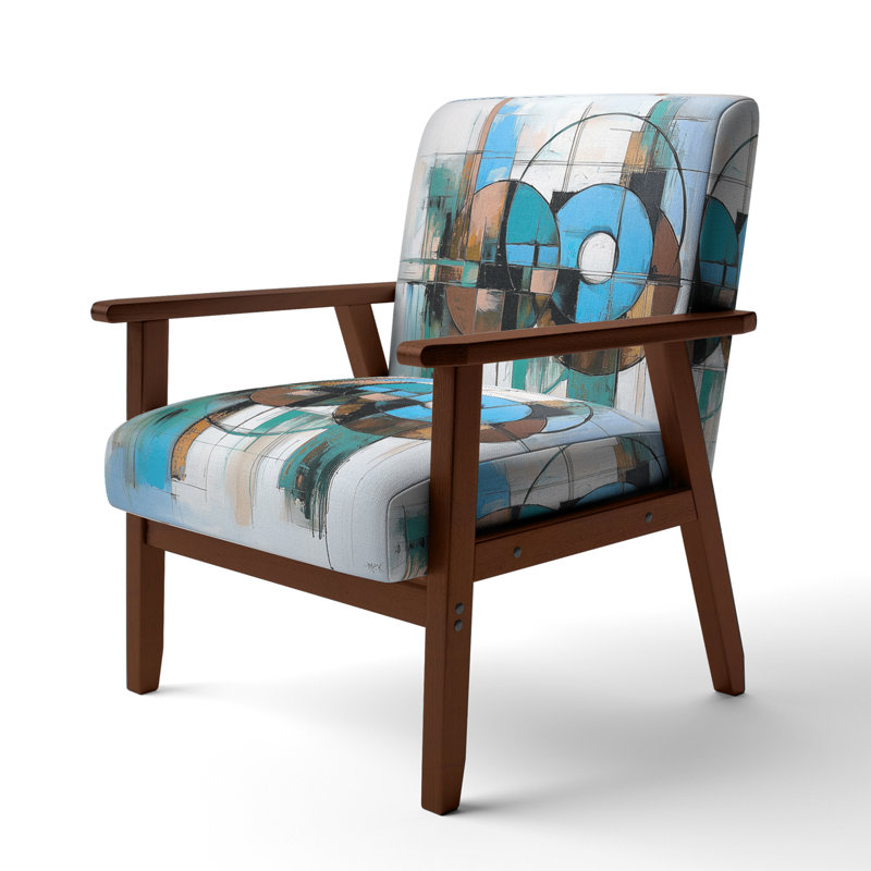 Mid-Century Accent Chair, Colorful Abstract Upholstered Armchair - Colorful Mid Century Abstract Fusion I, Brown Square Arms