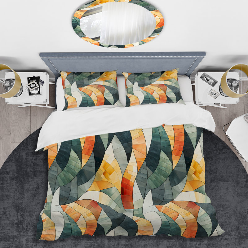 Geometric Orange And Green Mosaic Pattern - Ensemble de housse de couette géométrique