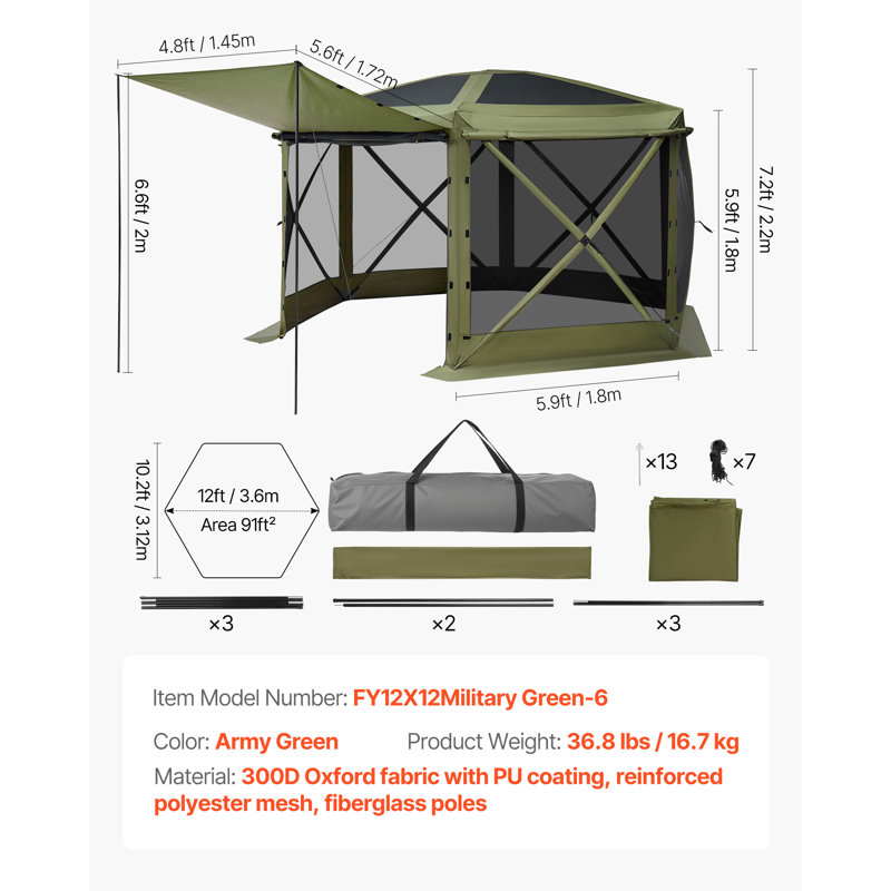 Pop up Gazebo Screen Tent, 12 x 12 ft Large 6-Sided Camping Canopy Tent with Removable Top & Carry Bag, Quick-Set & Bite-Proof, Screen House Sun Shelter for 8-10 Persons Backyard Patio, Green