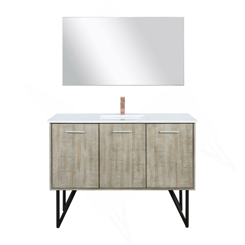Meuble-lavabo rustique en acacia 48 po X P 20 po , Comptoir en quartz blanc, ensemble de robinets en or rose et Miroir
