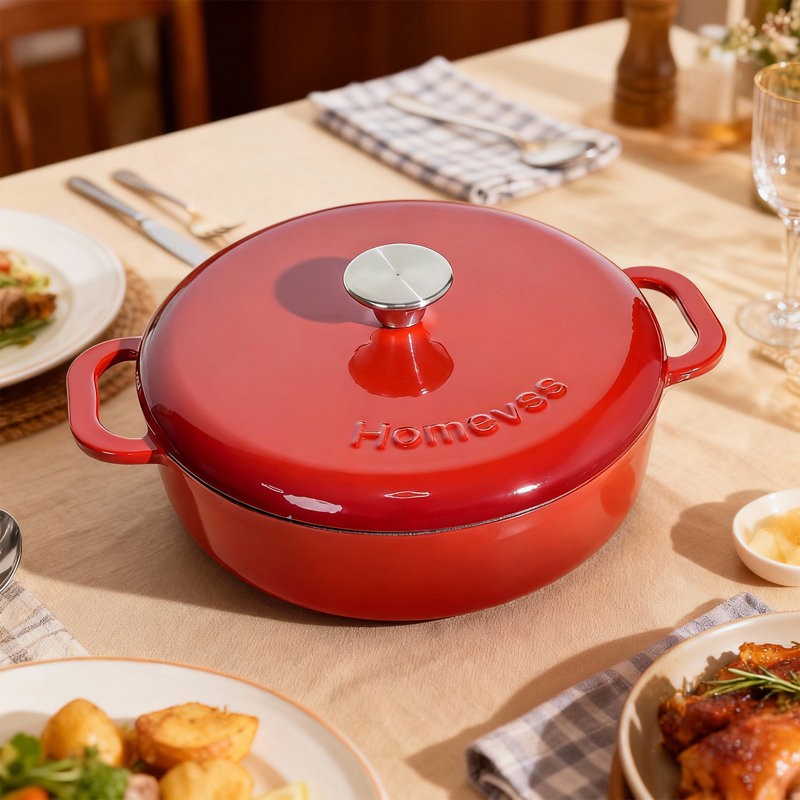HomeVSS 5.5-Quart Enameled Cast Iron Braiser with Lid & Dual Handles, Red