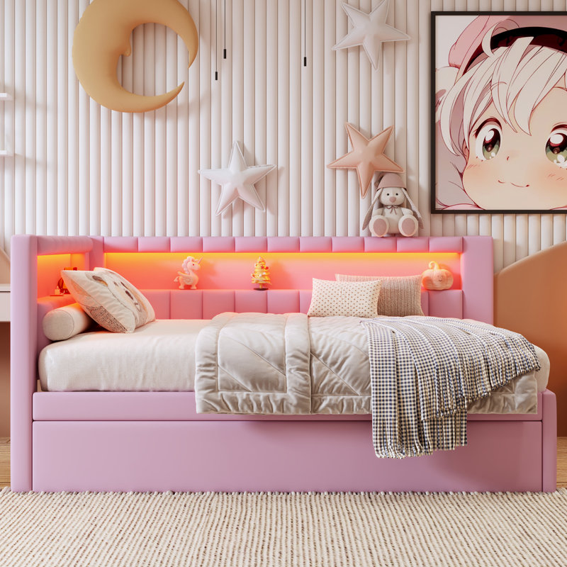 Lit plateforme tapissier pleine grandeur avec ports USB et ceinture à DEL, avec lit gigogne, rose