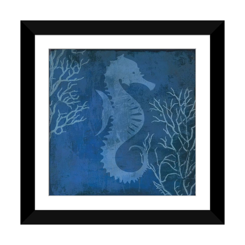 «Navy Sea Horse», impression sur toile, H 24 po x l 24 po x P 1 po, Papier d'art encadré noir, Blanc