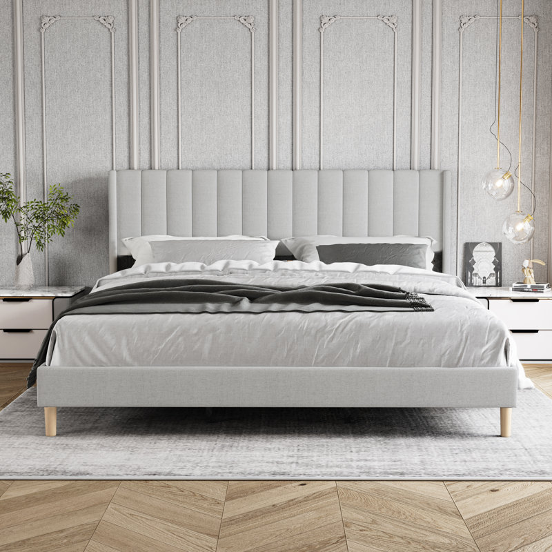 Lit plateforme tapissier, Simple, Gris pâle