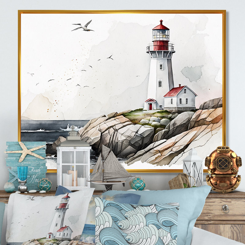 Art sur toile, "Phare par l'océan IV", L 32 po x H 16 po, Toile avec cadre flottant or