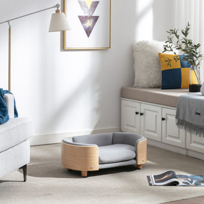 Petit lit pour chien de style scandinave, avec structure en bois massif, dossier courbé, coussin en velours amovible et lavable, velours respirant, mousse rebondie, - égratignure, teinture imperméable, installation simple, gris