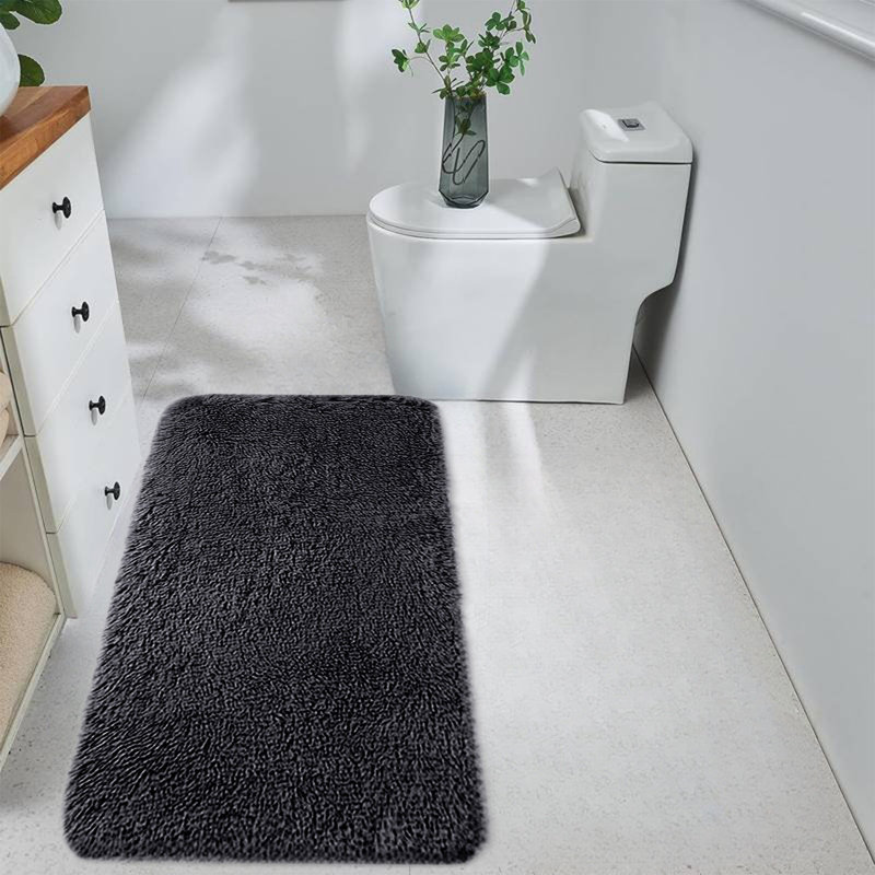 Tapis de bain noir de couleur unie, tapis lavable à la machine épais antidérapant à absorption d'eau douce