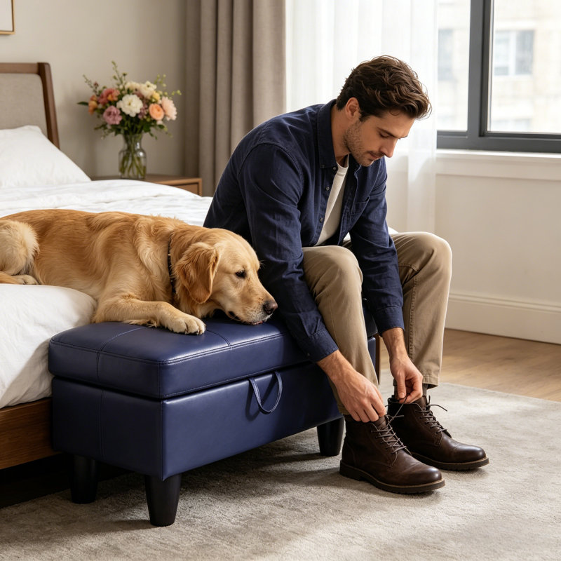 Multi-Functional Blue Faux Leather Ottoman with Hidden Storage Compartment, Blue Faux Leather