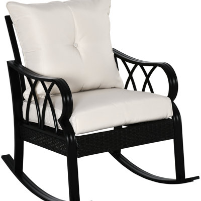 Fauteuil à bascule de jardin en aluminium pour véranda, offrant une détente optimale. Capitonnage à boutons, bascule silencieuse, coussins confortables pour l'extérieur. Base stable et élégante.